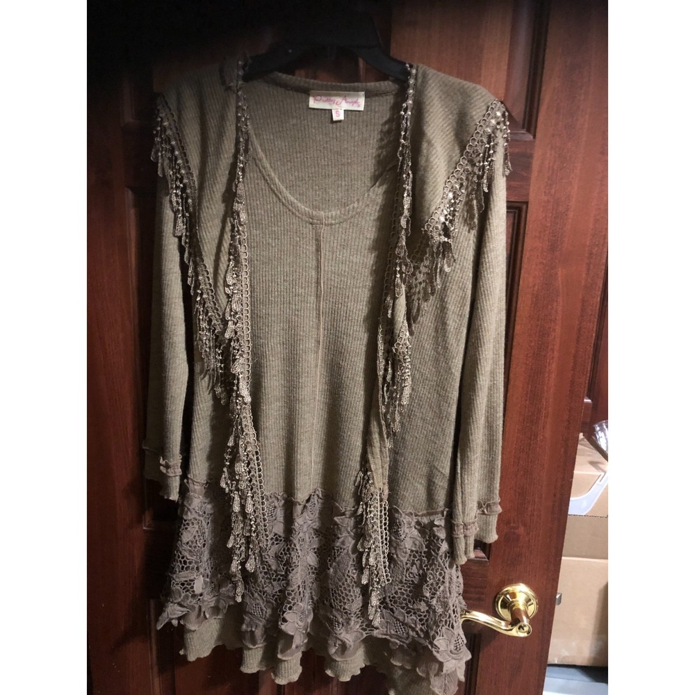PRETTY ANGEL Women's S Brown Lace & Fringe Knit Boho Tunic Sweater